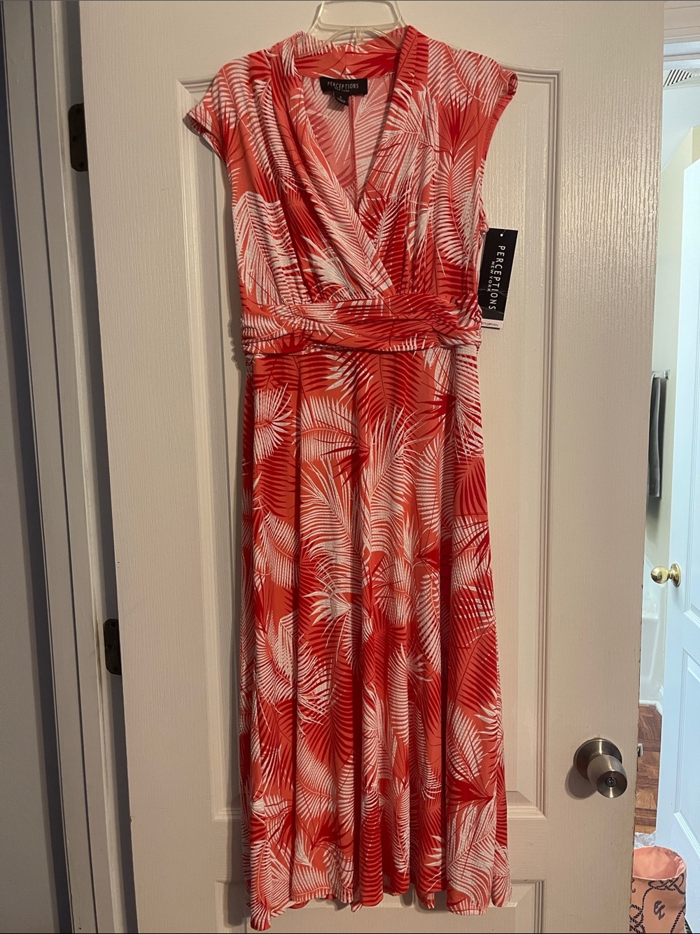Perceptions Coral-Red and White Palm Print Faux Wrap Midi Dress